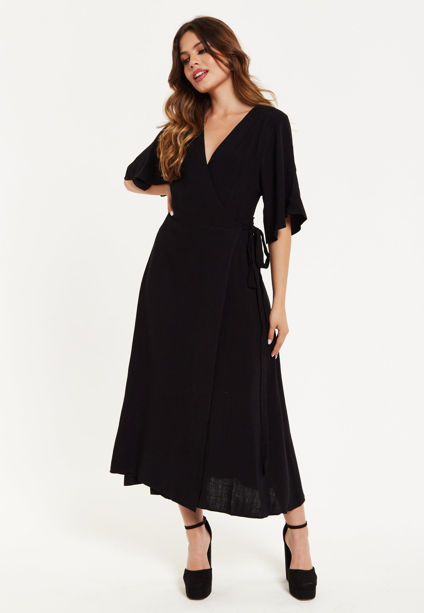 
                  
                    Women's Maxi Dress with Kimono Sleeves, V Neck, and Tie Waist - Black Liquorish
                  
                