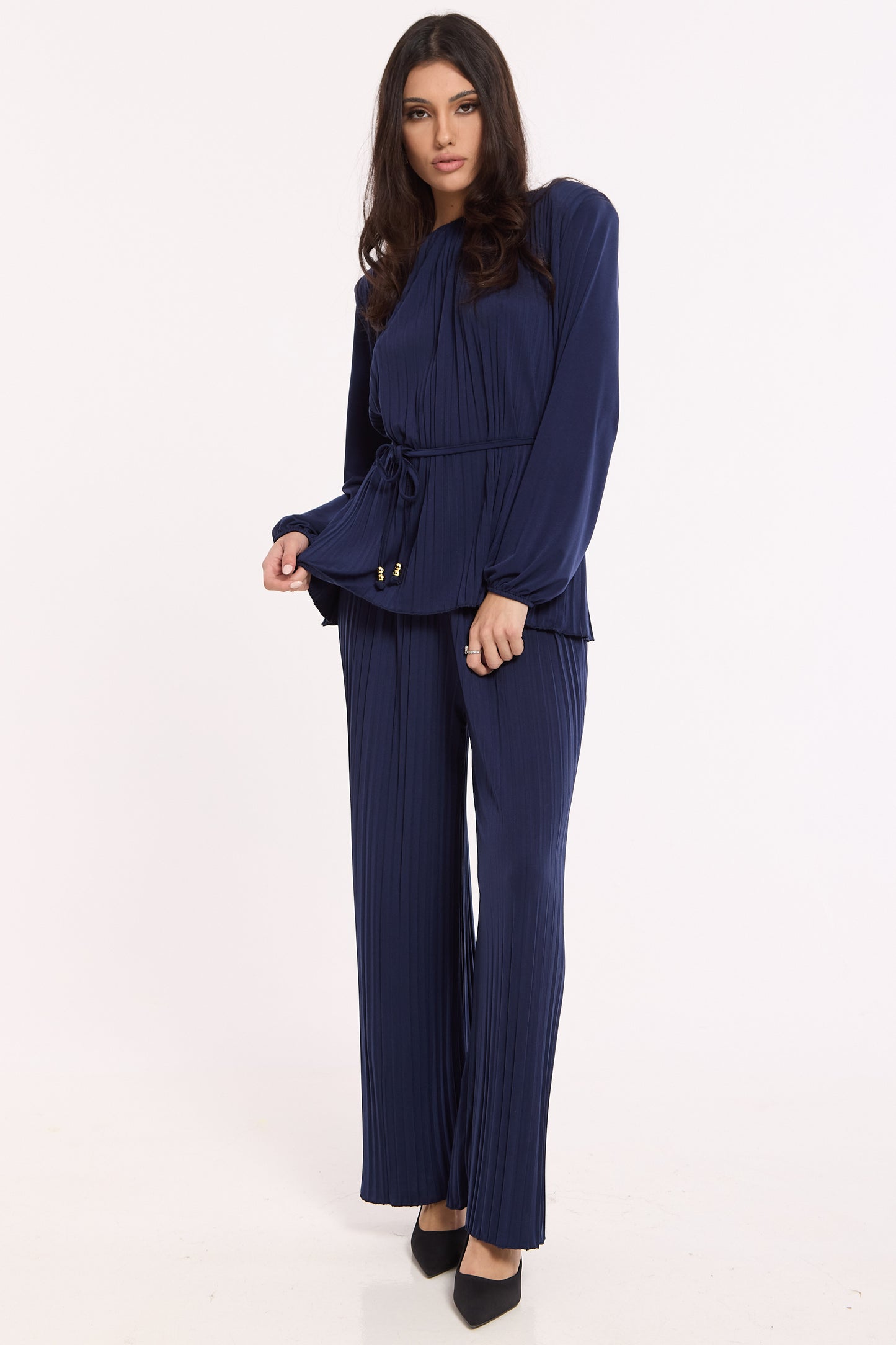 
                  
                    Navy Pleated Co-Ord Top And Trousers
                  
                