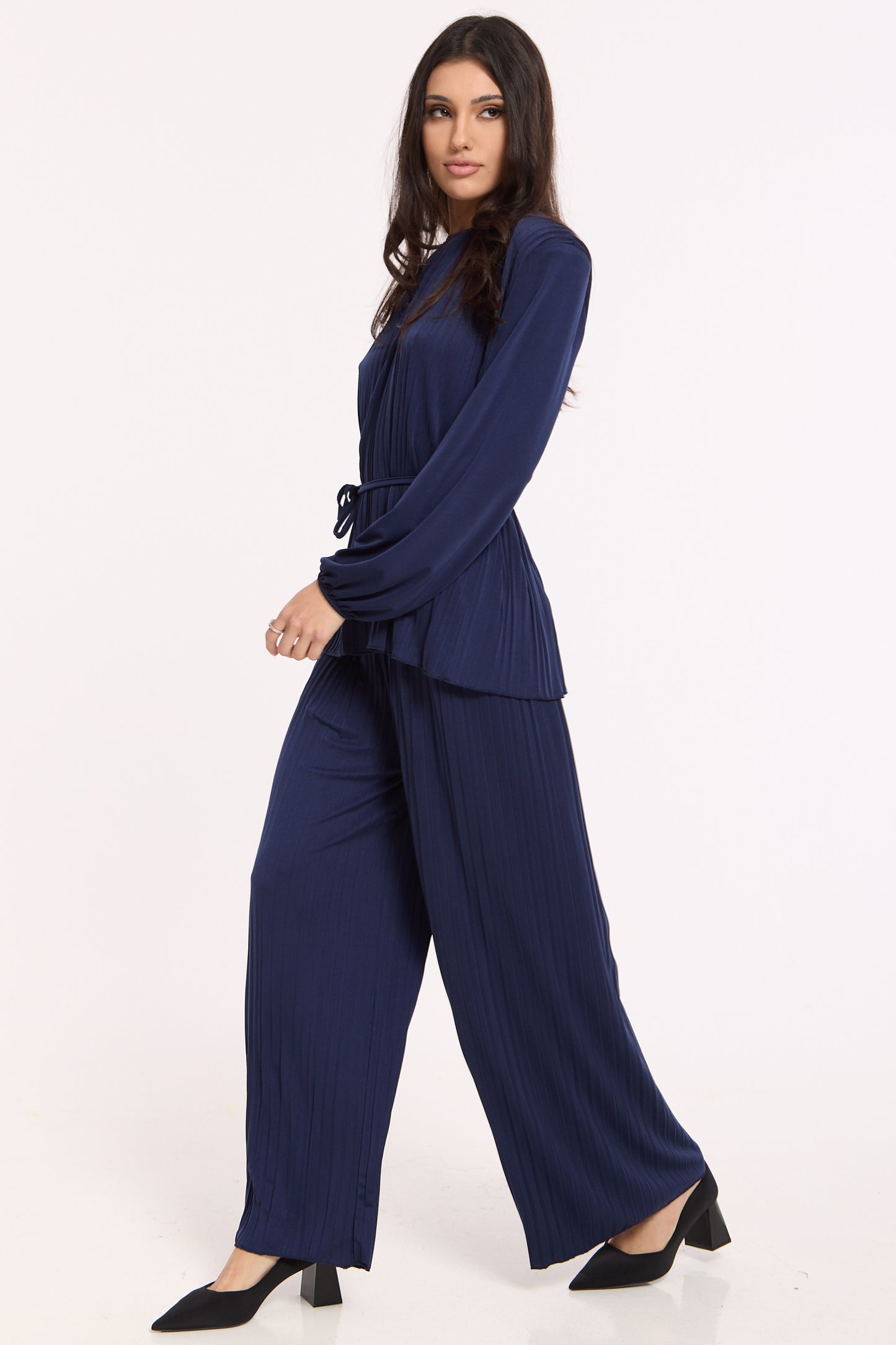 
                  
                    Navy Pleated Co-Ord Top And Trousers
                  
                