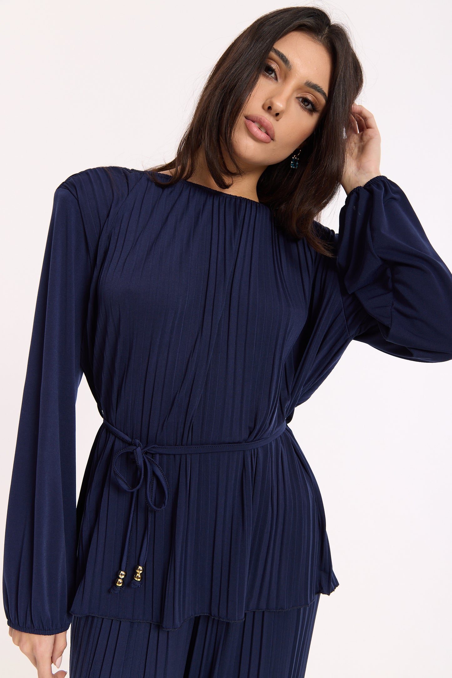 
                  
                    Navy Pleated Co-Ord Top And Trousers
                  
                