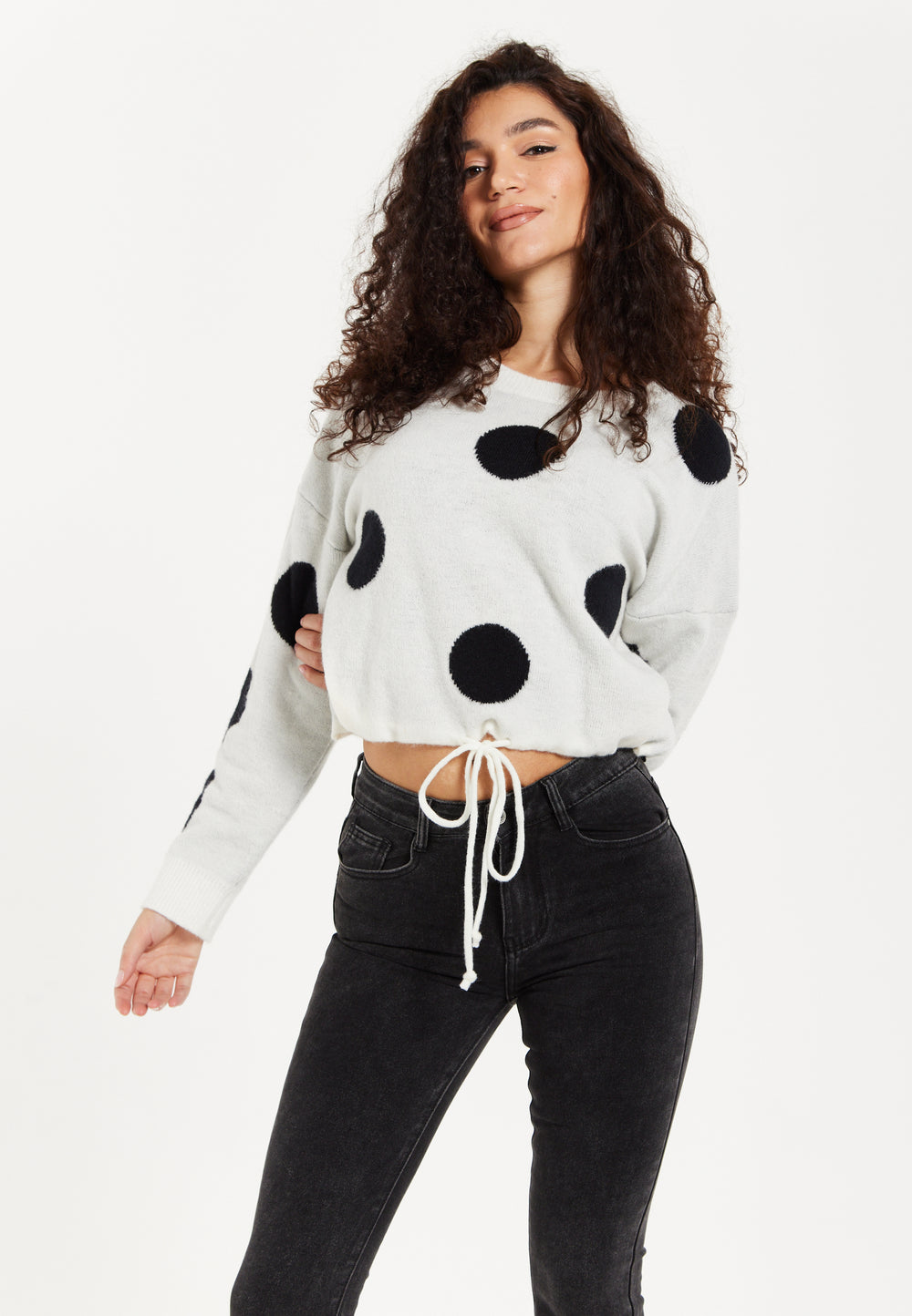 Women's Jumper with Long Sleeves, Waist Tie, Contrast Neckline & Cuffs - White with Black Polka Dots by Liquorish