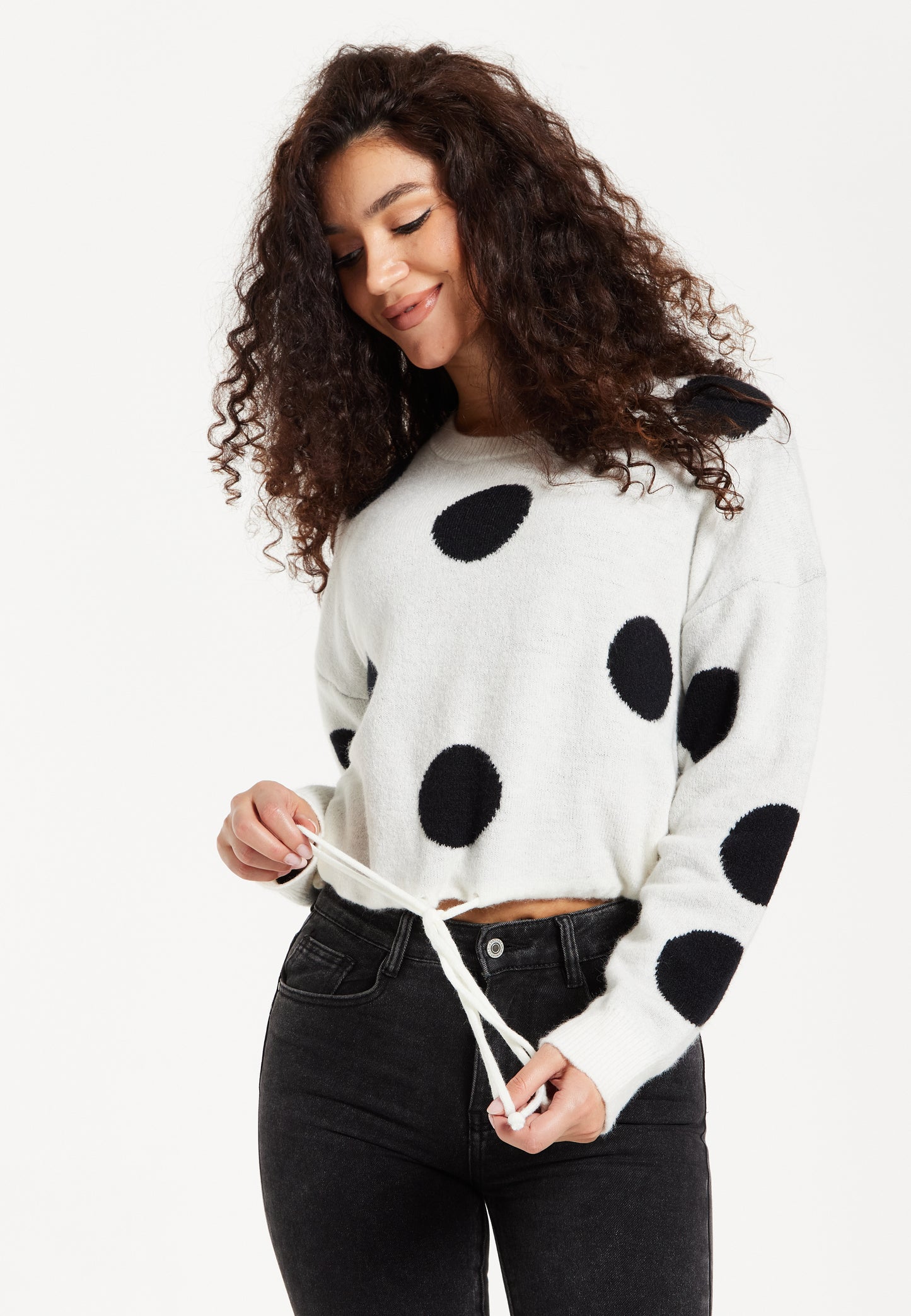 
                  
                    Women's Jumper with Long Sleeves, Waist Tie, Contrast Neckline & Cuffs - White with Black Polka Dots by Liquorish
                  
                