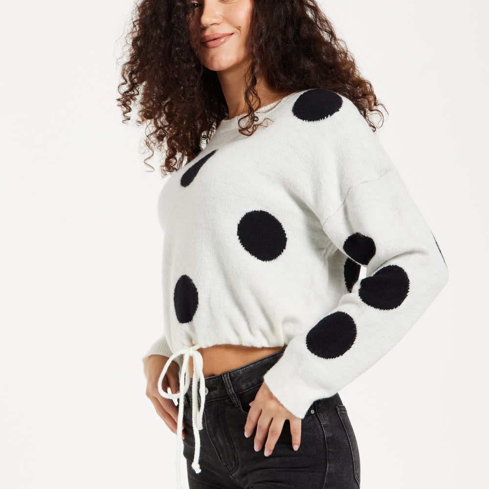 
                  
                    Women's Jumper with Long Sleeves, Waist Tie, Contrast Neckline & Cuffs - White with Black Polka Dots by Liquorish
                  
                