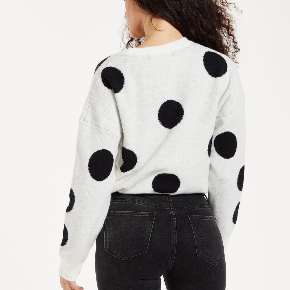 
                  
                    Women's Jumper with Long Sleeves, Waist Tie, Contrast Neckline & Cuffs - White with Black Polka Dots by Liquorish
                  
                