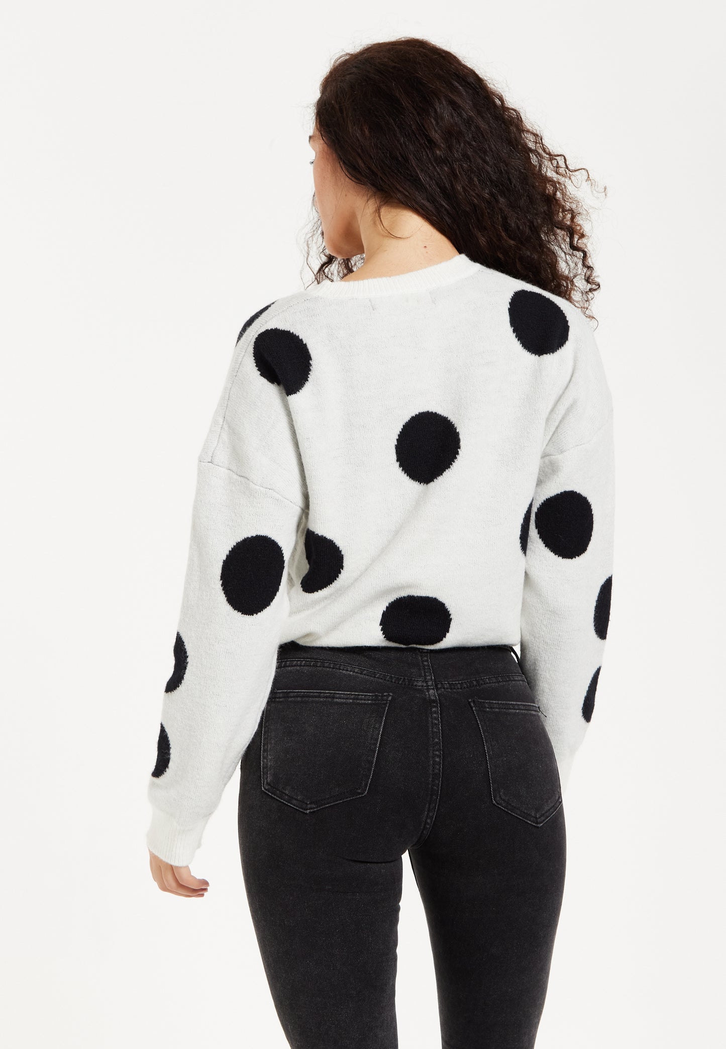 
                  
                    Women's Jumper with Long Sleeves, Waist Tie, Contrast Neckline & Cuffs - White with Black Polka Dots by Liquorish
                  
                