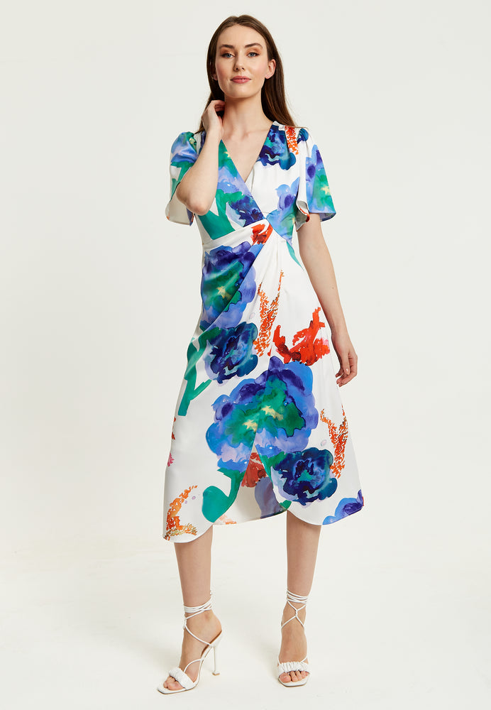 Liquorish Floral Print White Based Midi Wrap Dress