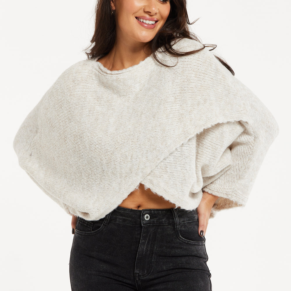 
                  
                    Women's Jumper in Beige with Asymmetric Layered Shawl Design and Long Sleeves - Liquorish
                  
                