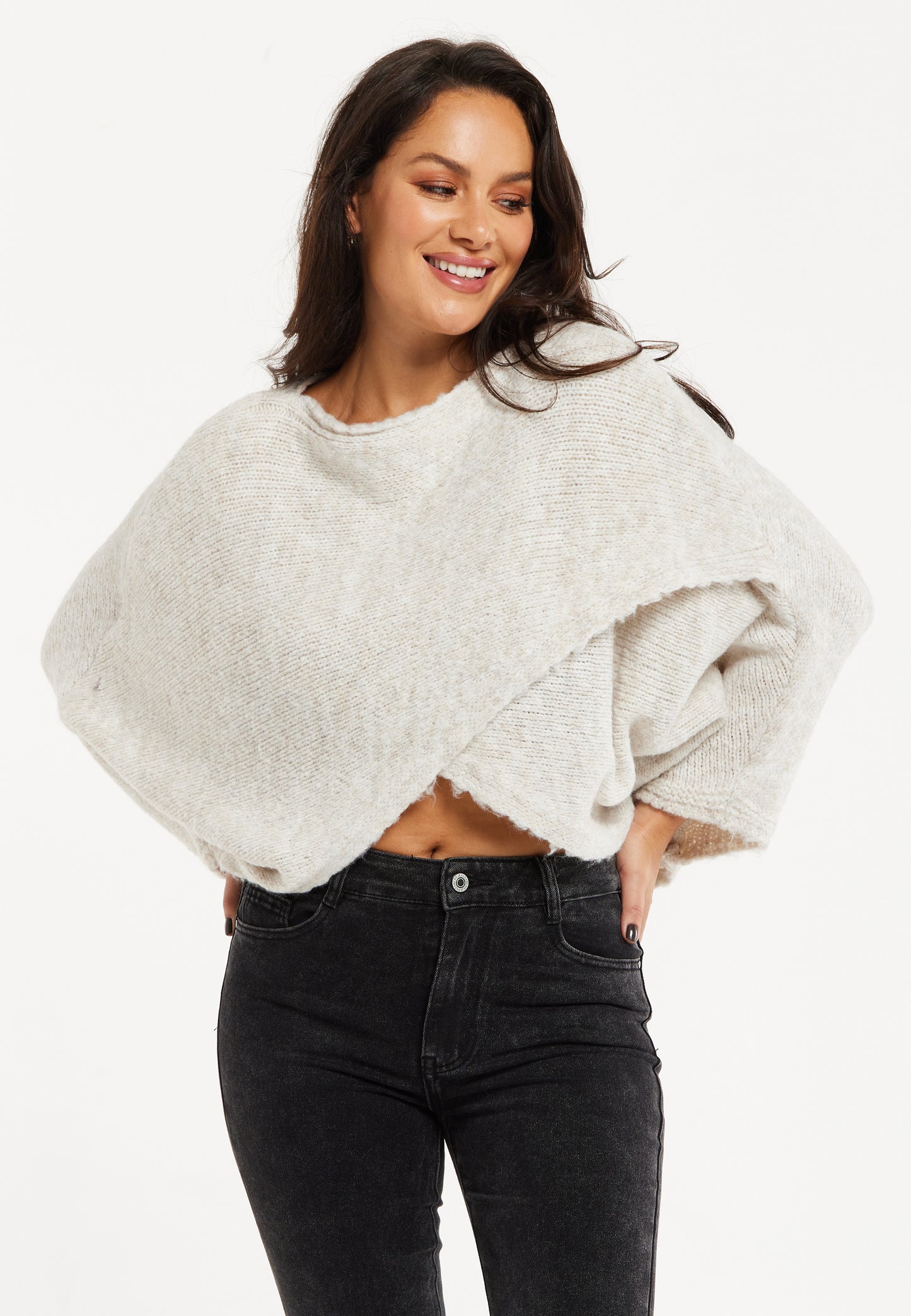 
                  
                    Women's Jumper in Beige with Asymmetric Layered Shawl Design and Long Sleeves - Liquorish
                  
                