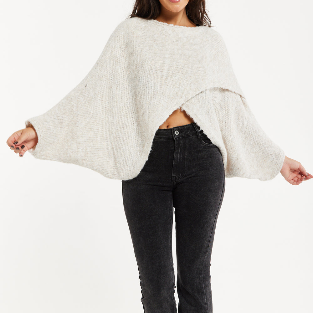 
                  
                    Women's Jumper in Beige with Asymmetric Layered Shawl Design and Long Sleeves - Liquorish
                  
                