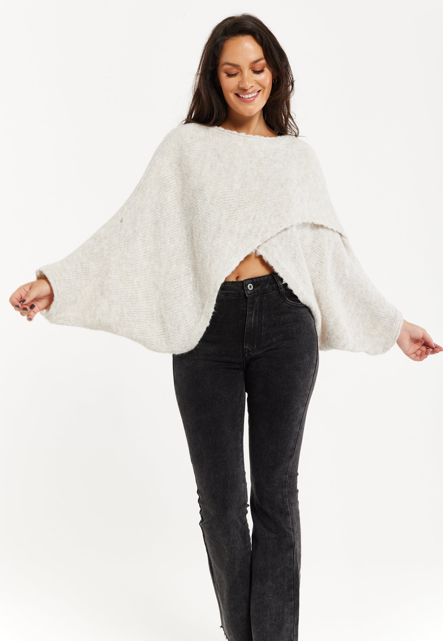 
                  
                    Women's Jumper in Beige with Asymmetric Layered Shawl Design and Long Sleeves - Liquorish
                  
                