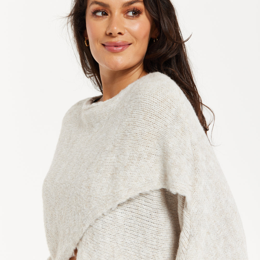 
                  
                    Women's Jumper in Beige with Asymmetric Layered Shawl Design and Long Sleeves - Liquorish
                  
                