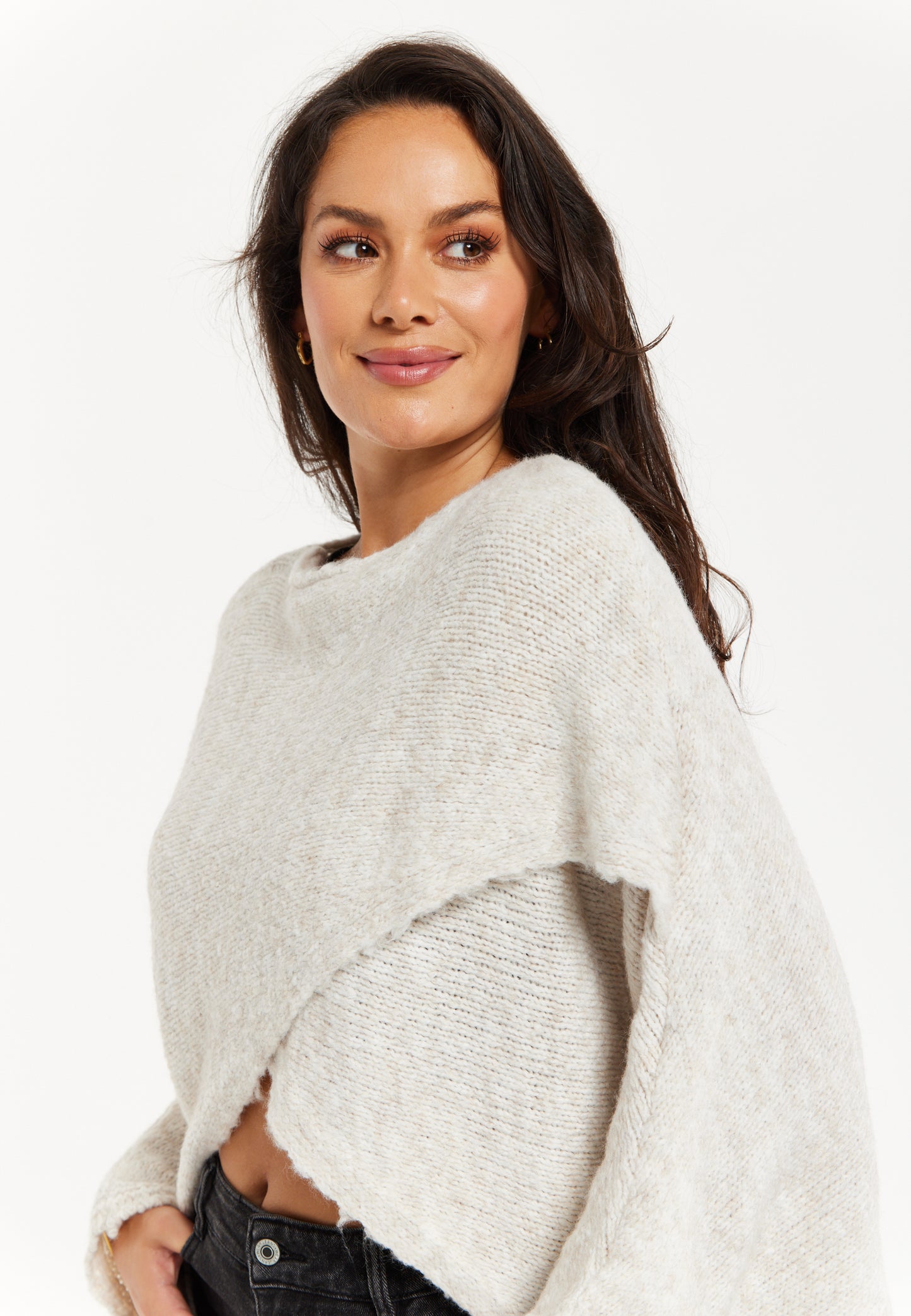 
                  
                    Women's Jumper in Beige with Asymmetric Layered Shawl Design and Long Sleeves - Liquorish
                  
                