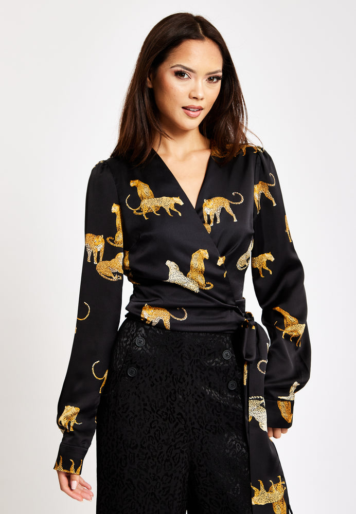 Liquorish Leopard Print Wrap Top With Long Sleeves