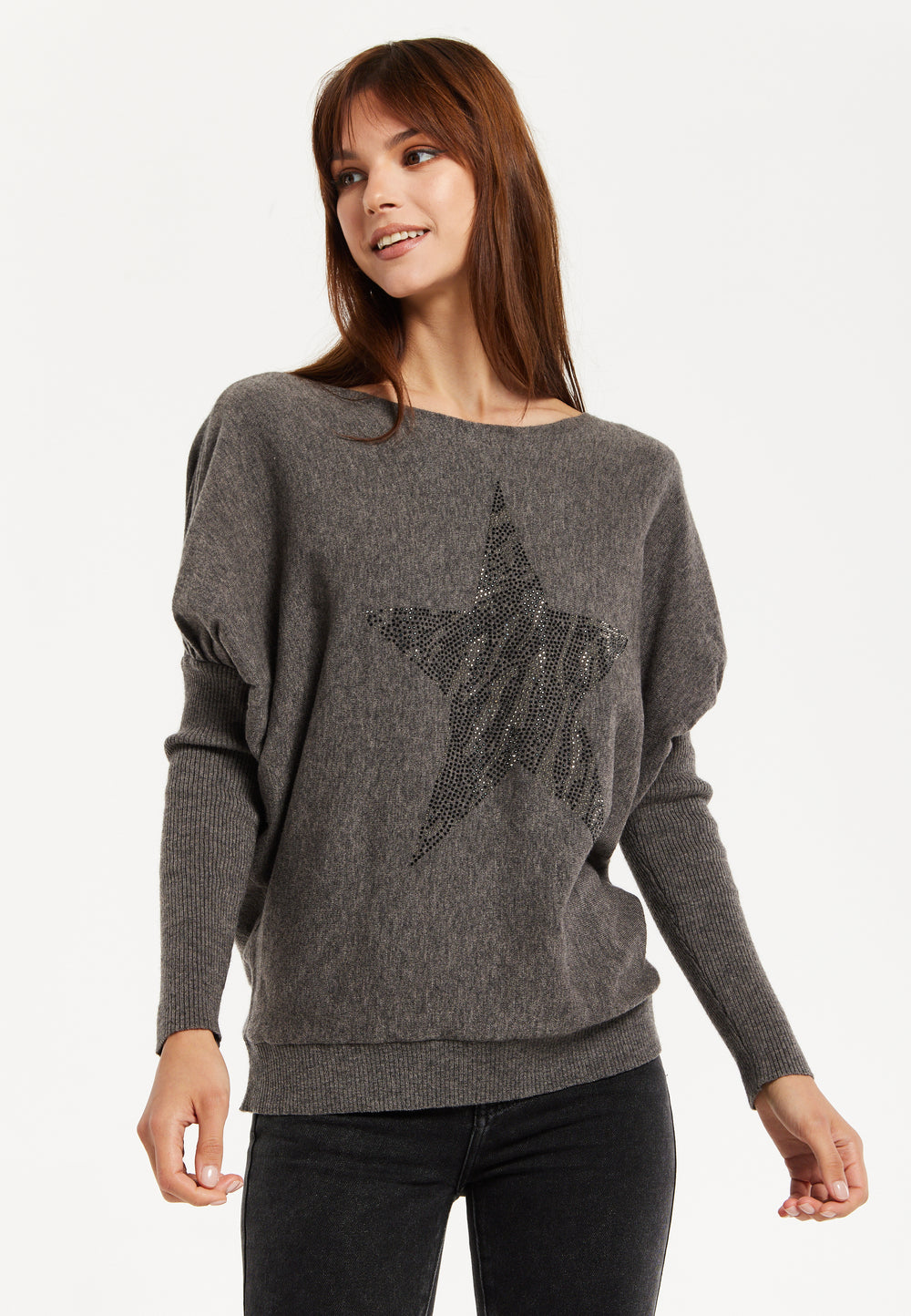 Women's Dark Grey Jumper with Fitted Long Sleeves and Sparkly Zebra Star Detail by Liquorish