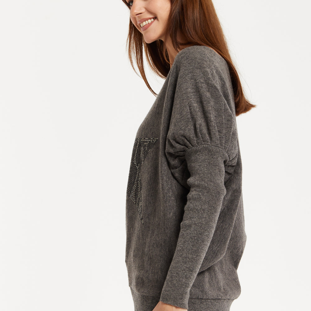 
                  
                    Women's Dark Grey Jumper with Fitted Long Sleeves and Sparkly Zebra Star Detail by Liquorish
                  
                