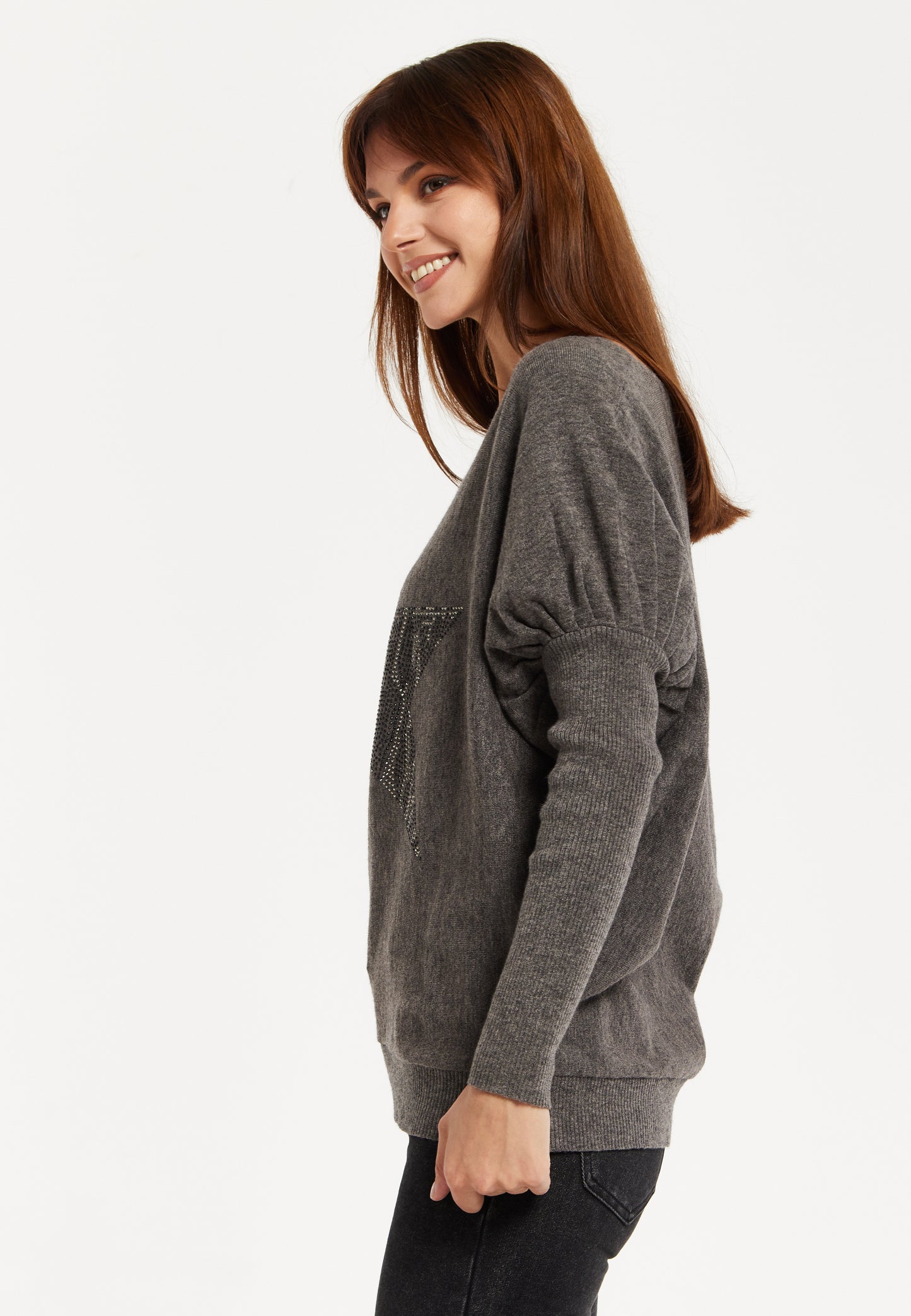 
                  
                    Women's Dark Grey Jumper with Fitted Long Sleeves and Sparkly Zebra Star Detail by Liquorish
                  
                