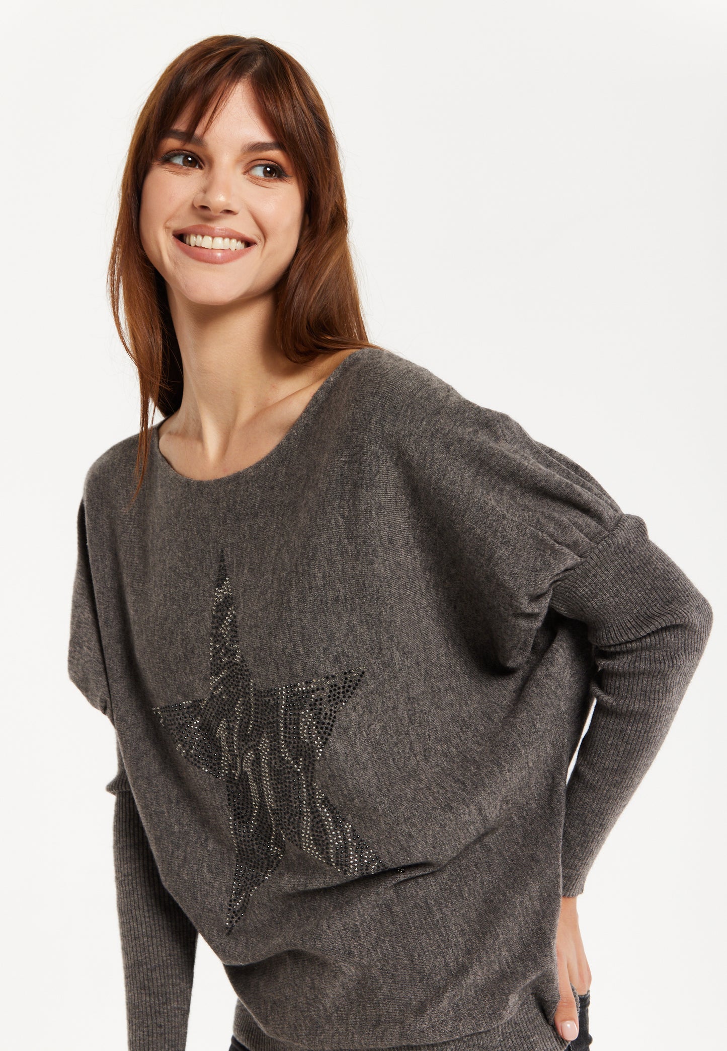 
                  
                    Women's Dark Grey Jumper with Fitted Long Sleeves and Sparkly Zebra Star Detail by Liquorish
                  
                