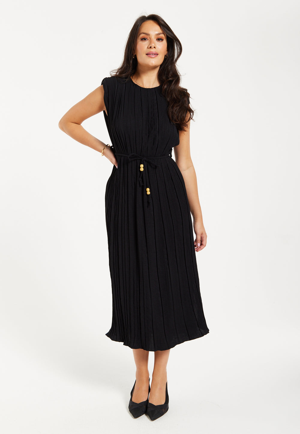 Women's Midi Dress with Short Sleeves in Black, Pleated Design and Waist Tie, Perfect for Any Occasion - Liquorish