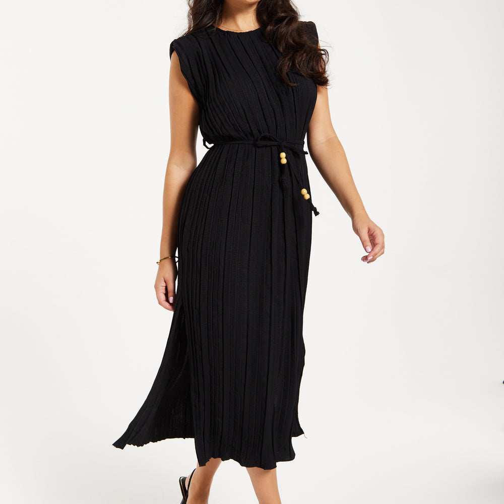 
                  
                    Women's Midi Dress with Short Sleeves in Black, Pleated Design and Waist Tie, Perfect for Any Occasion - Liquorish
                  
                