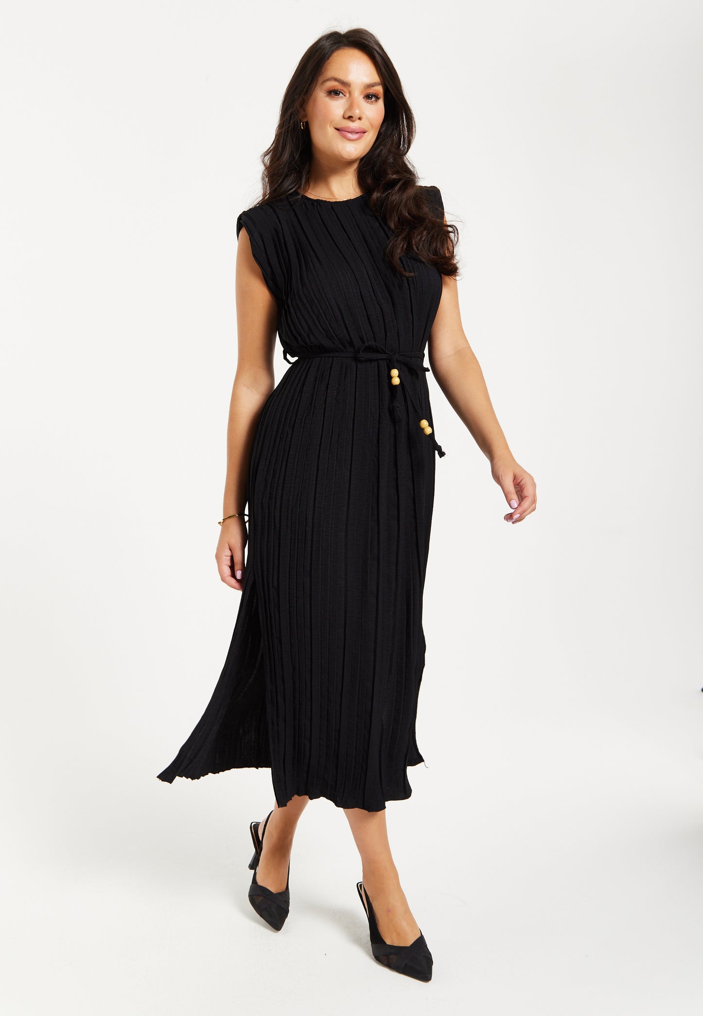 
                  
                    Women's Midi Dress with Short Sleeves in Black, Pleated Design and Waist Tie, Perfect for Any Occasion - Liquorish
                  
                