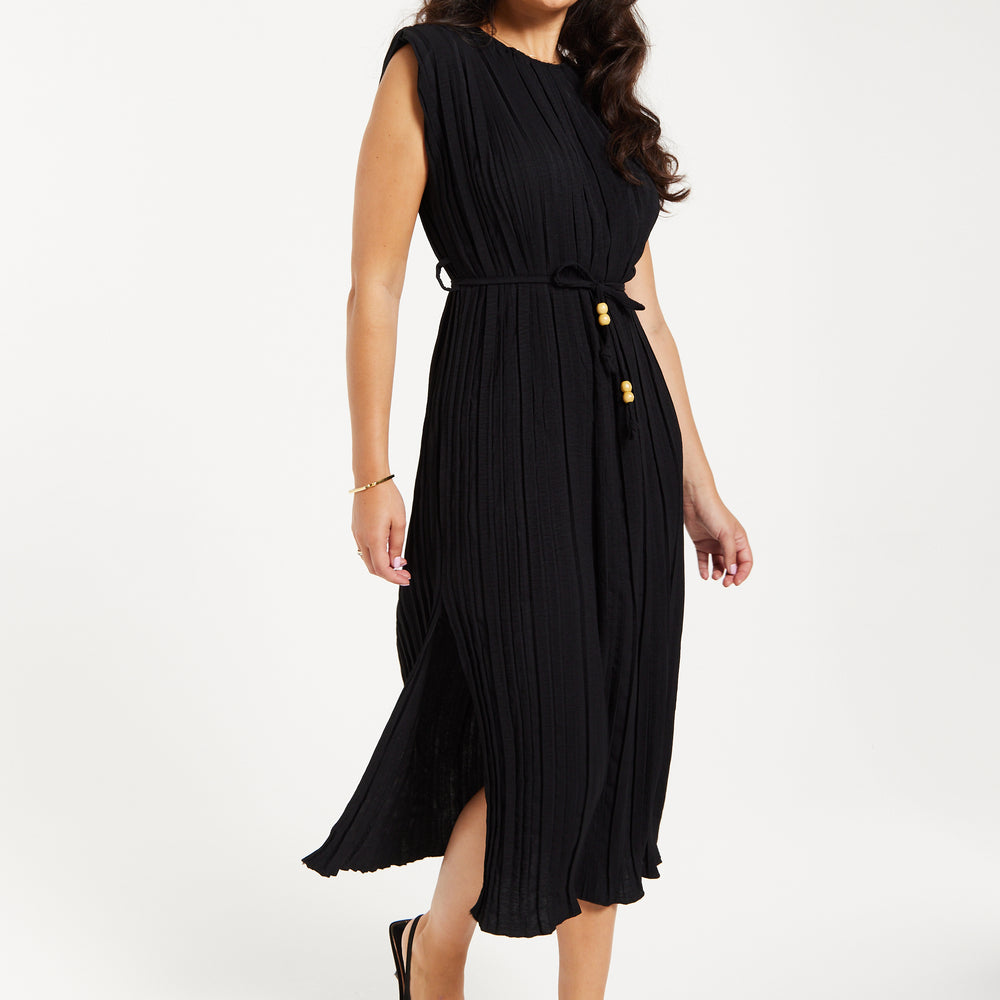 
                  
                    Women's Midi Dress with Short Sleeves in Black, Pleated Design and Waist Tie, Perfect for Any Occasion - Liquorish
                  
                