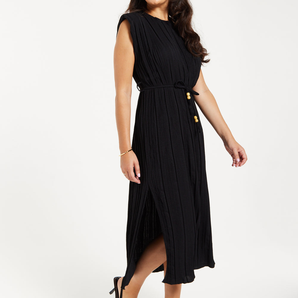 
                  
                    Women's Midi Dress with Short Sleeves in Black, Pleated Design and Waist Tie, Perfect for Any Occasion - Liquorish
                  
                