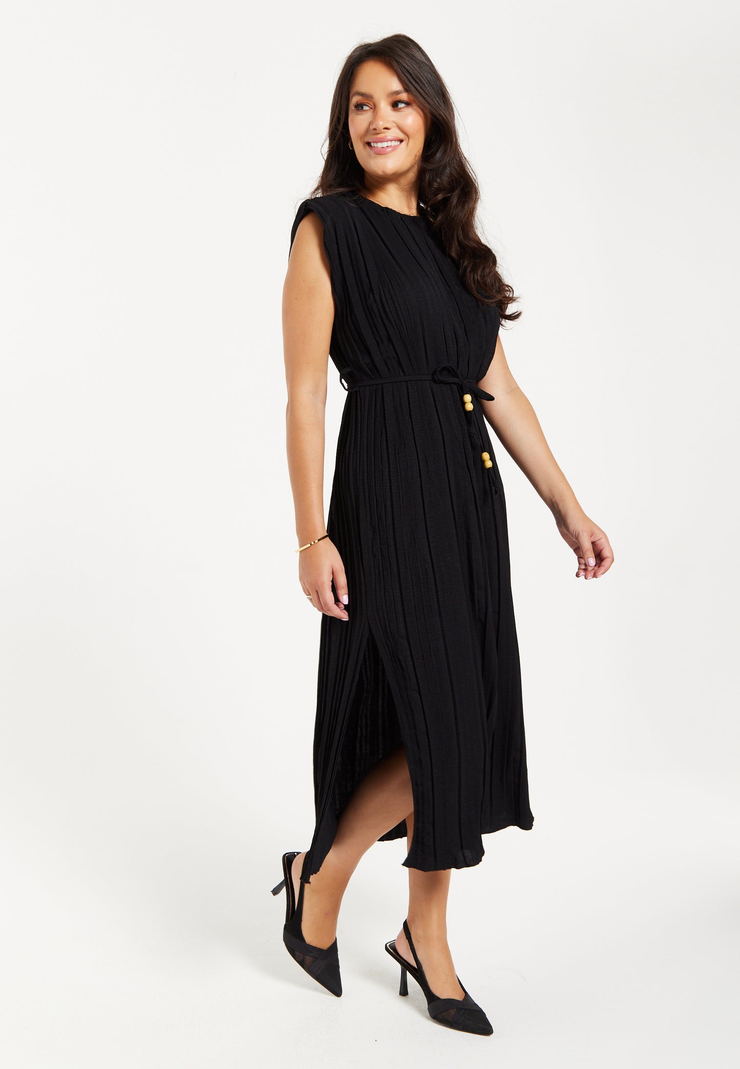 
                  
                    Women's Midi Dress with Short Sleeves in Black, Pleated Design and Waist Tie, Perfect for Any Occasion - Liquorish
                  
                