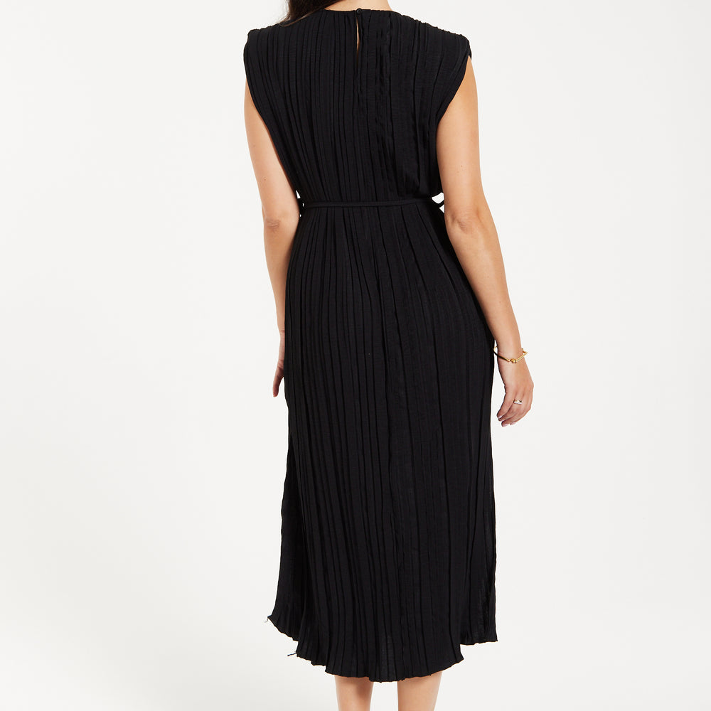 
                  
                    Women's Midi Dress with Short Sleeves in Black, Pleated Design and Waist Tie, Perfect for Any Occasion - Liquorish
                  
                