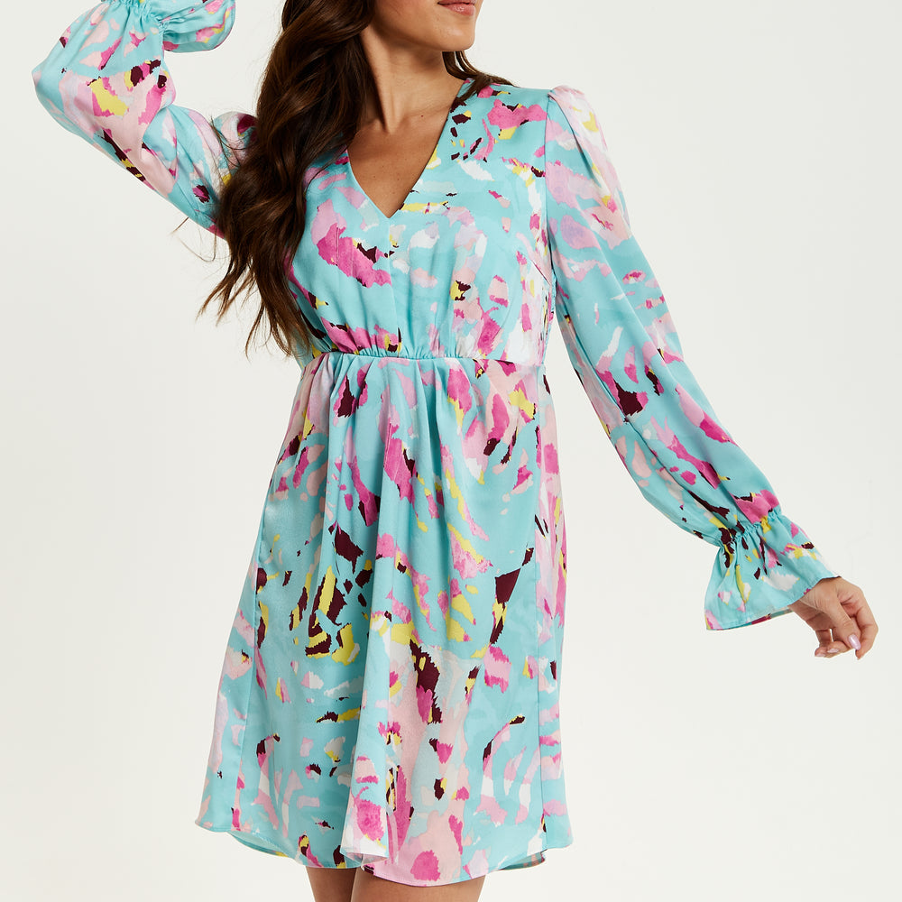 
                  
                    Liquorish Blue Abstract Print Mini Dress With Open Back And Long Sleeves
                  
                
