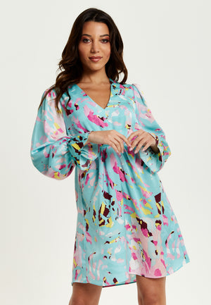 Liquorish Blue Abstract Print Mini Dress With Open Back And Long Sleeves