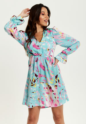 Liquorish Blue Abstract Print Mini Dress With Open Back And Long Sleeves