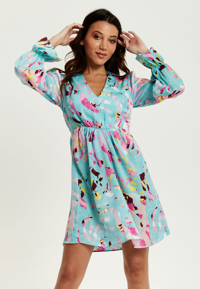 Liquorish Blue Abstract Print Mini Dress With Open Back And Long Sleeves