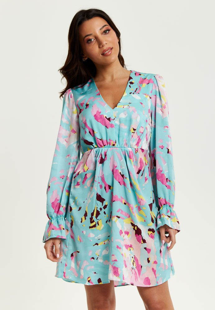 Liquorish Blue Abstract Print Mini Dress With Open Back And Long Sleeves