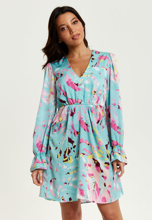 Liquorish Blue Abstract Print Mini Dress With Open Back And Long Sleeves