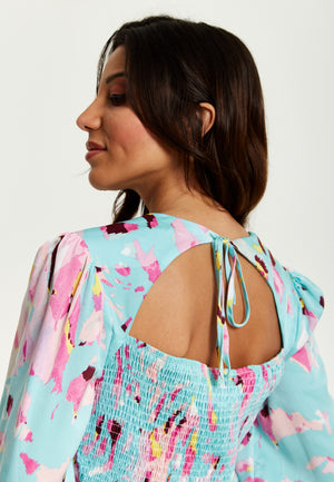 Liquorish Blue Abstract Print Mini Dress With Open Back And Long Sleeves