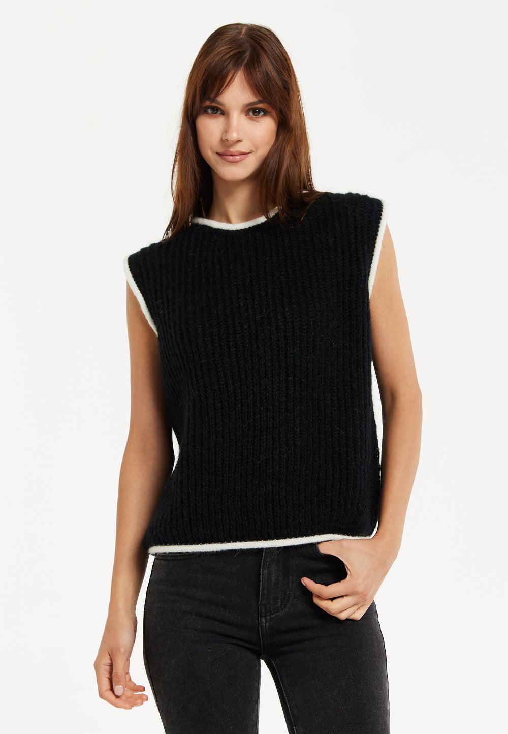 Liquorish Super Soft Sleeveless Ribbed Knit Sweater Vest - Black&White