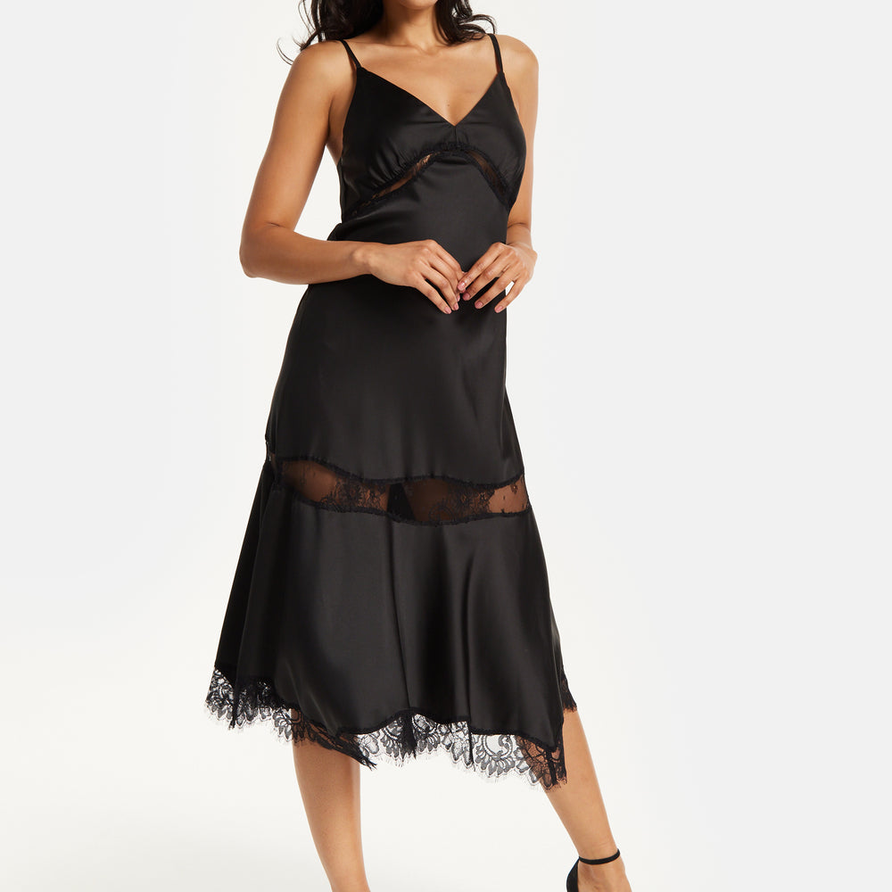 
                  
                    Liquorish Fine Lace Detail Strip Midi Dress In Black
                  
                