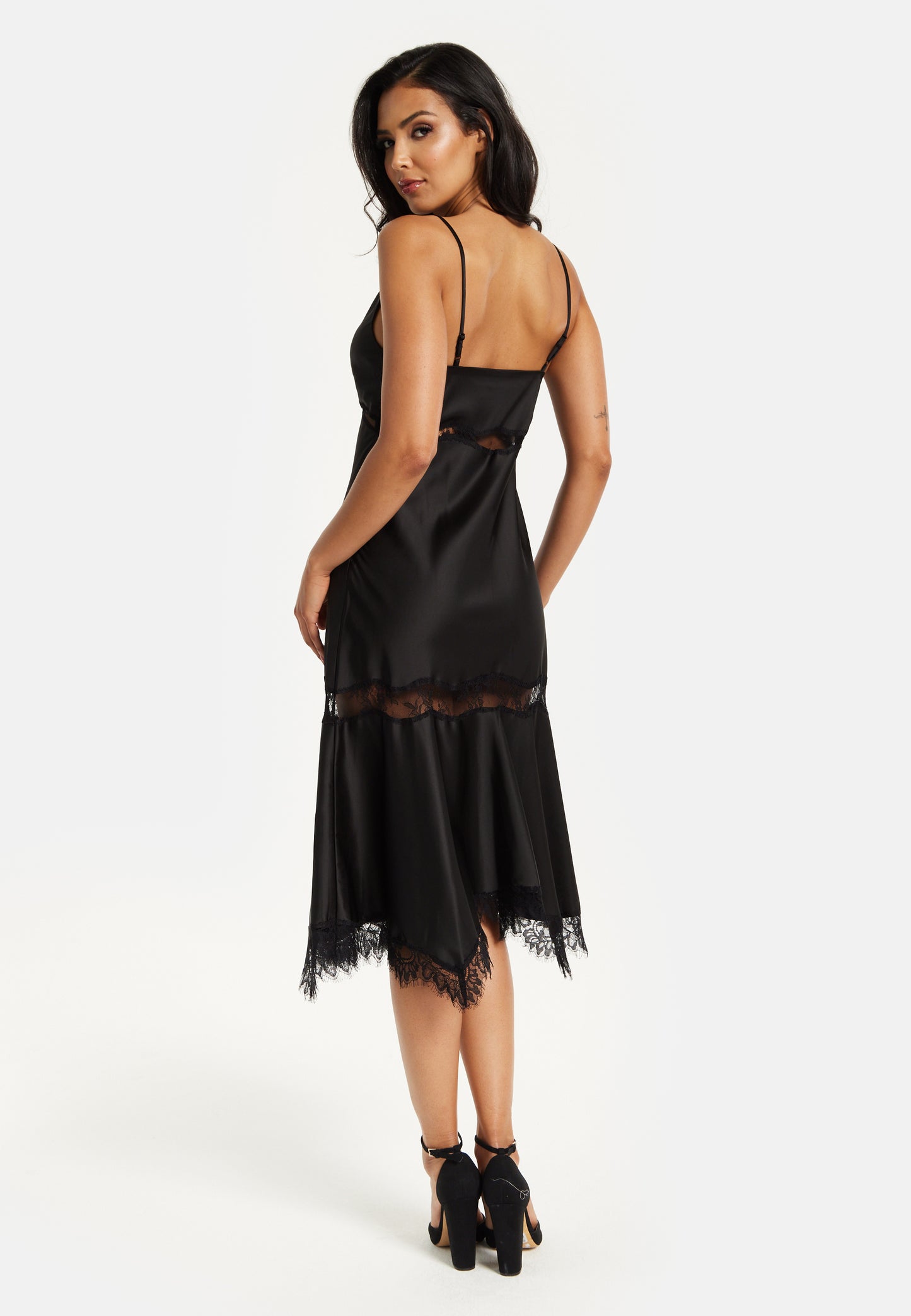 
                  
                    Liquorish Fine Lace Detail Strip Midi Dress In Black
                  
                