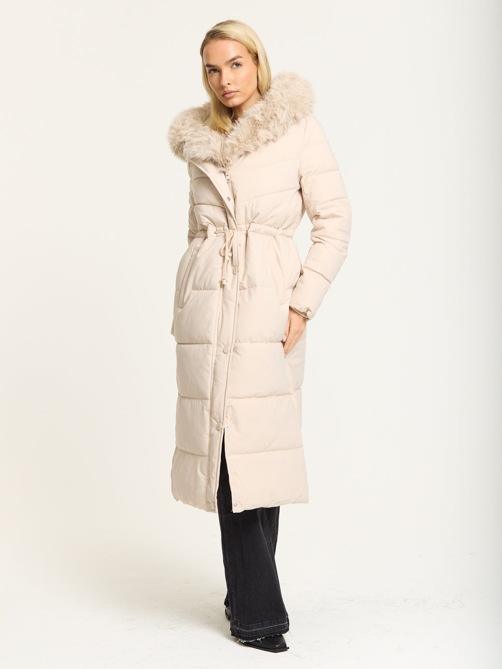 Beige Long Padded Coat with Faux Fur Hood