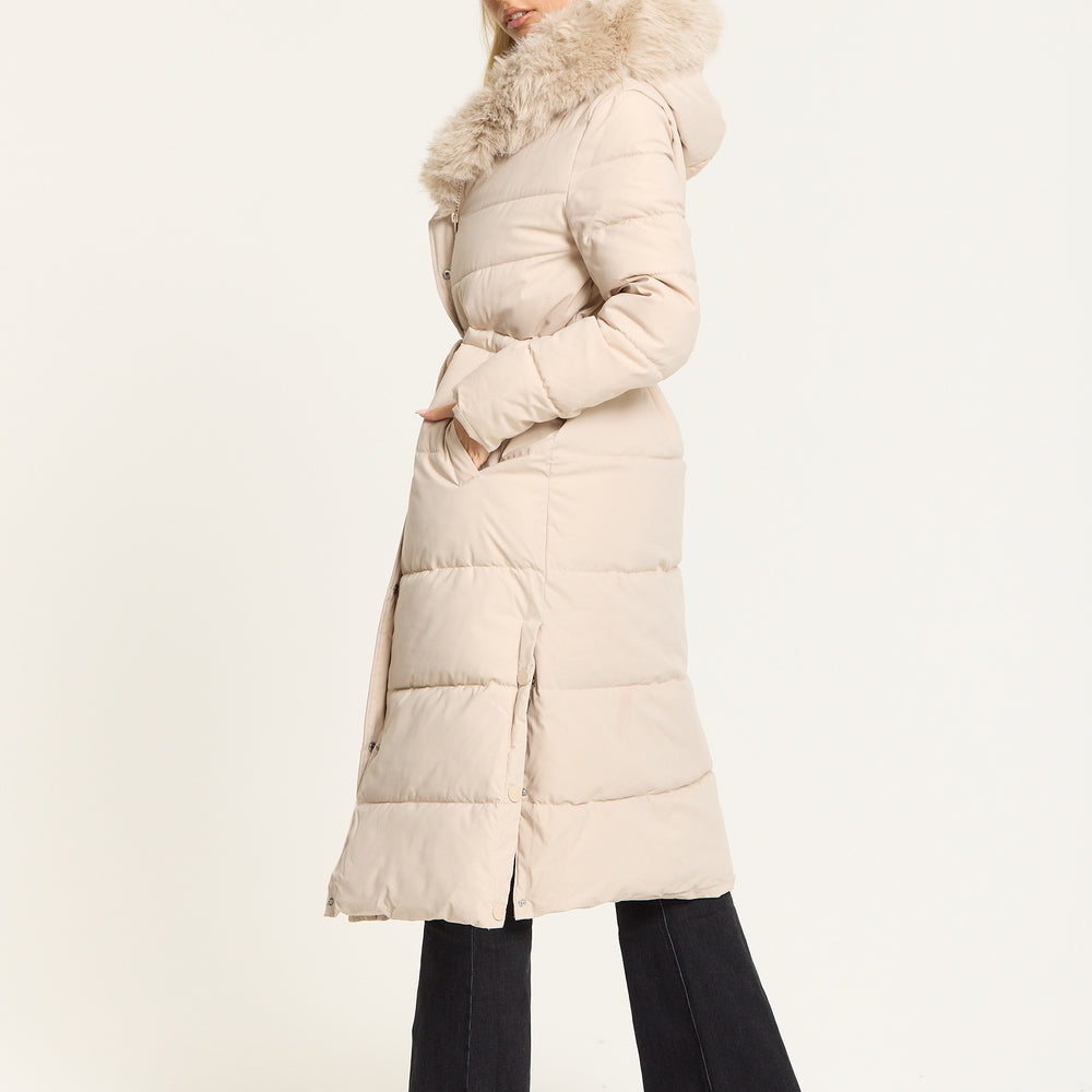 
                  
                    Beige Long Padded Coat with Faux Fur Hood
                  
                