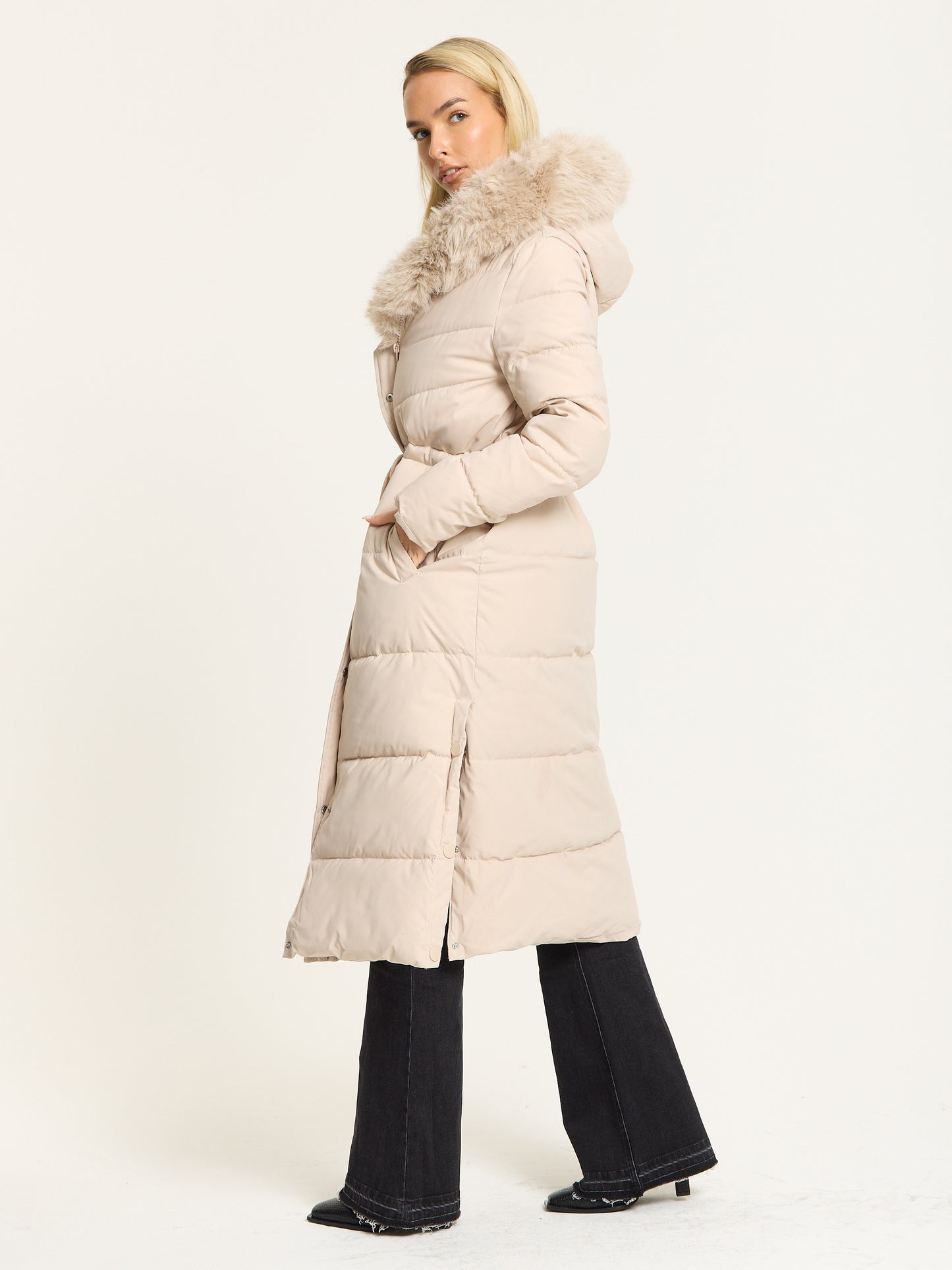 
                  
                    Beige Long Padded Coat with Faux Fur Hood
                  
                