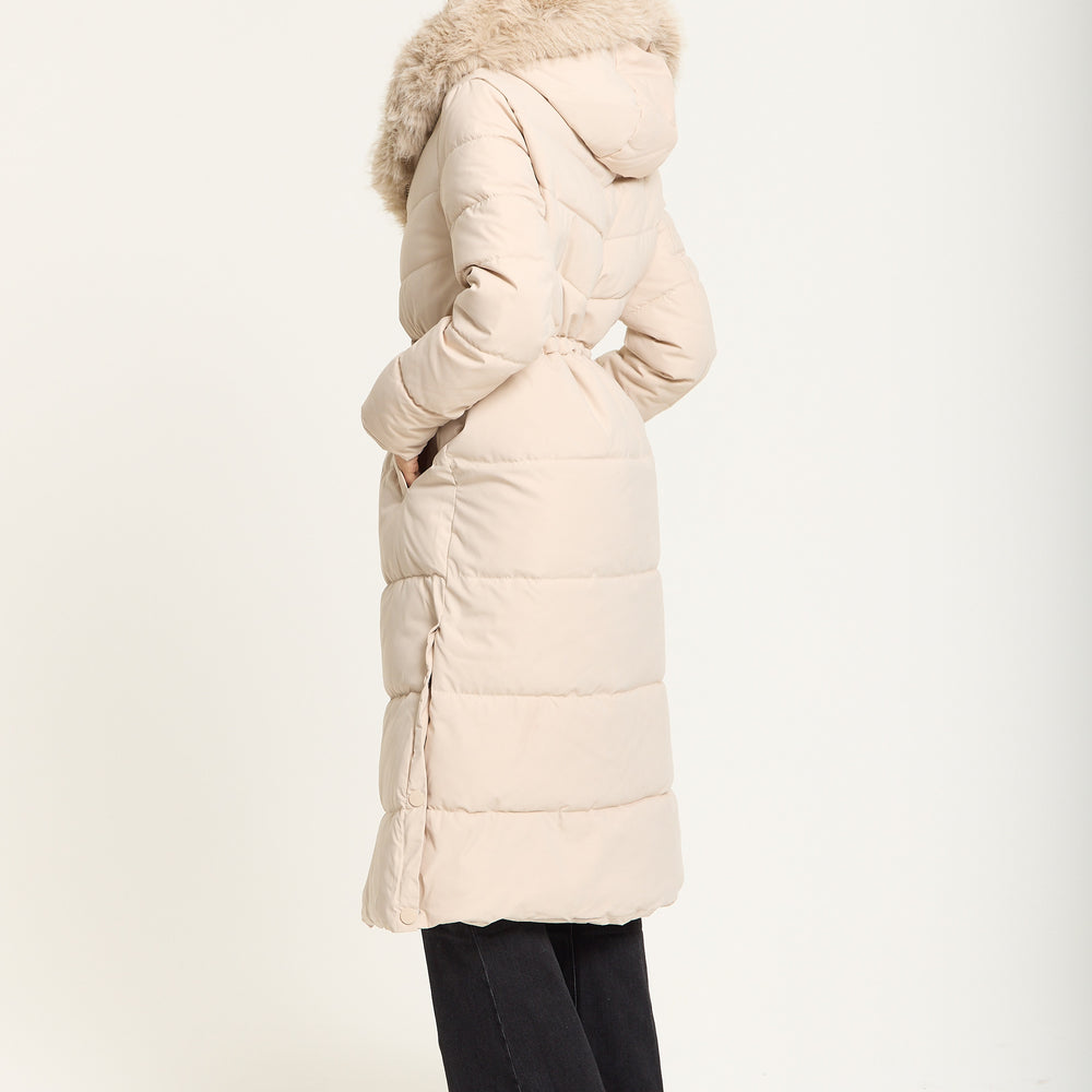 
                  
                    Beige Long Padded Coat with Faux Fur Hood
                  
                