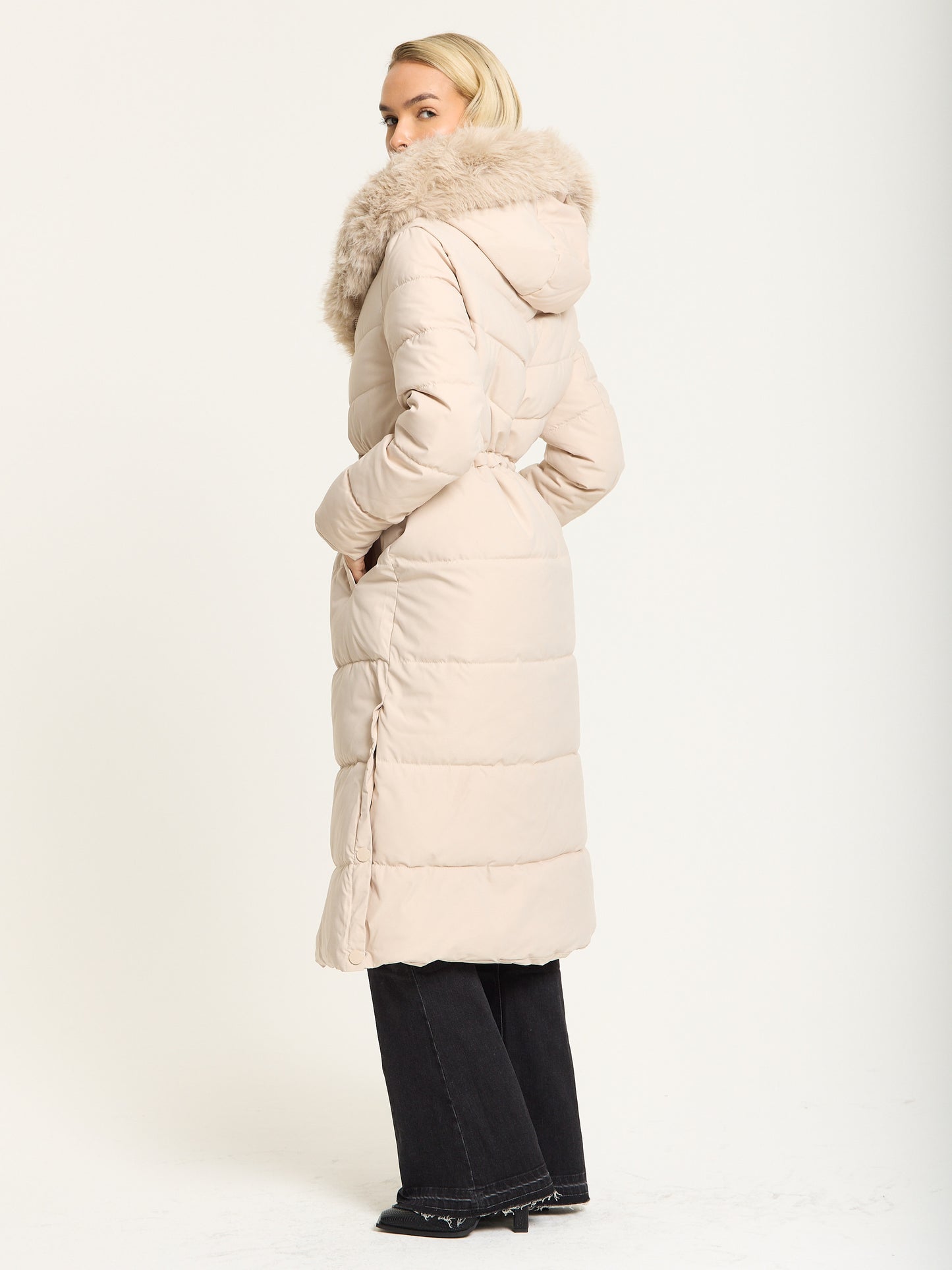 
                  
                    Beige Long Padded Coat with Faux Fur Hood
                  
                