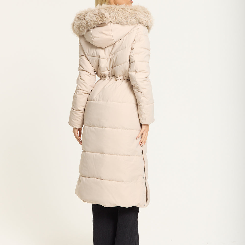 
                  
                    Beige Long Padded Coat with Faux Fur Hood
                  
                