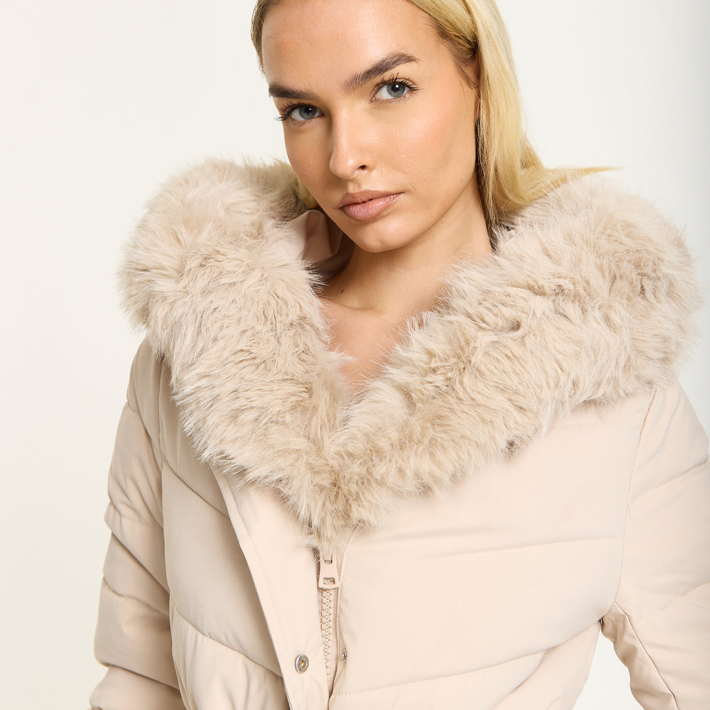 
                  
                    Beige Long Padded Coat with Faux Fur Hood
                  
                
