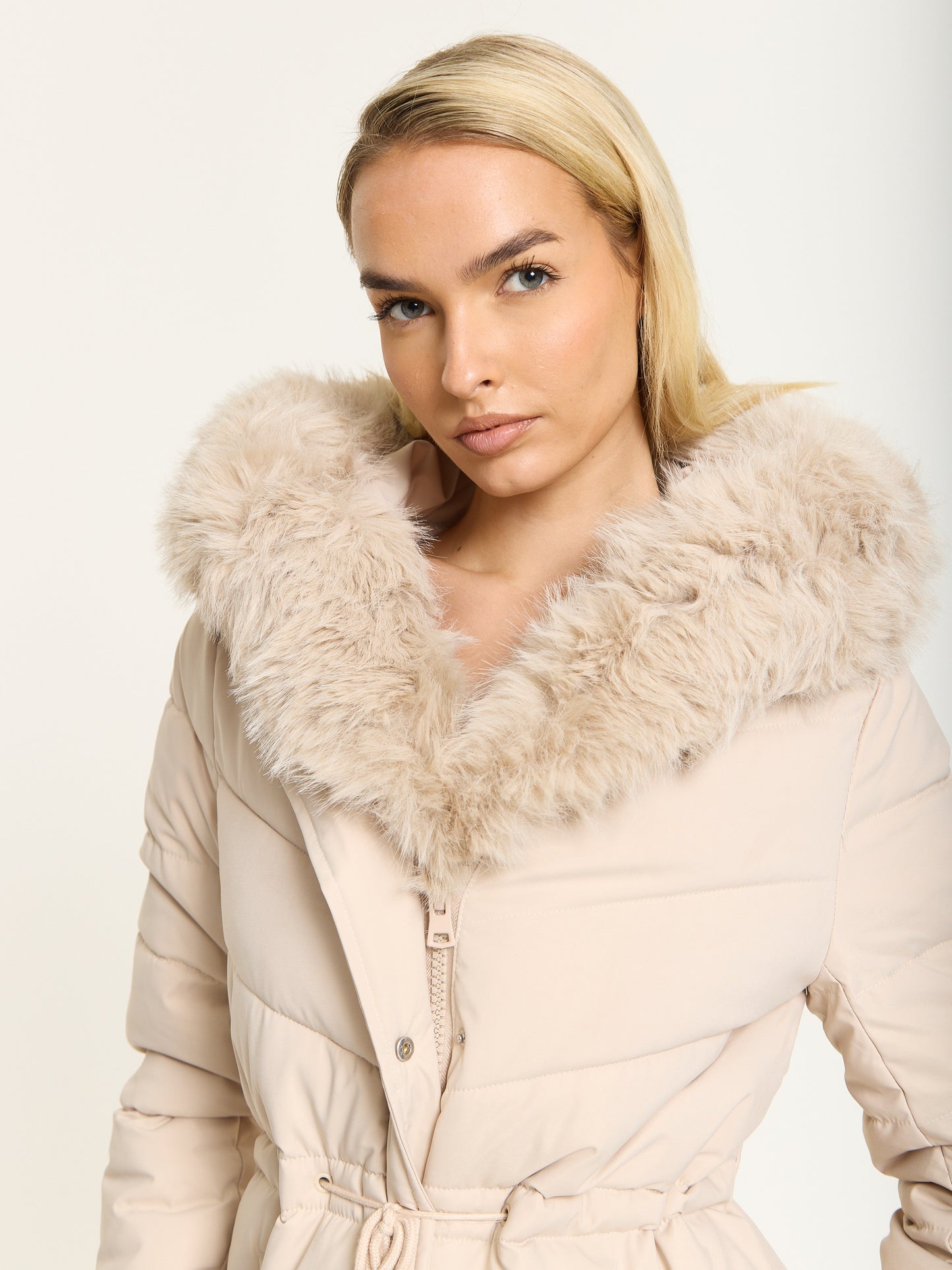 
                  
                    Beige Long Padded Coat with Faux Fur Hood
                  
                