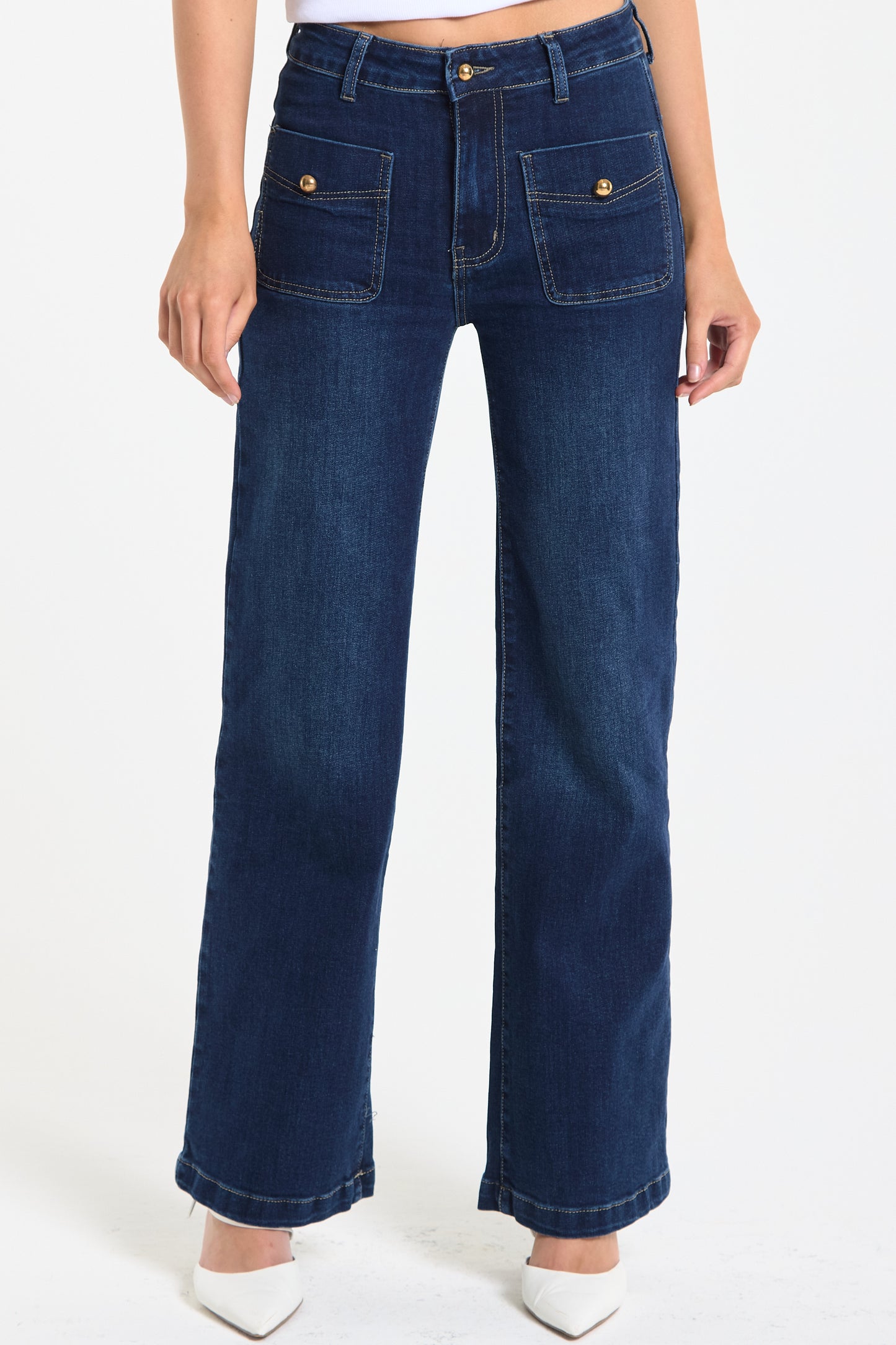 
                  
                    Dark Wash Patch Pocket Flare Jeans
                  
                