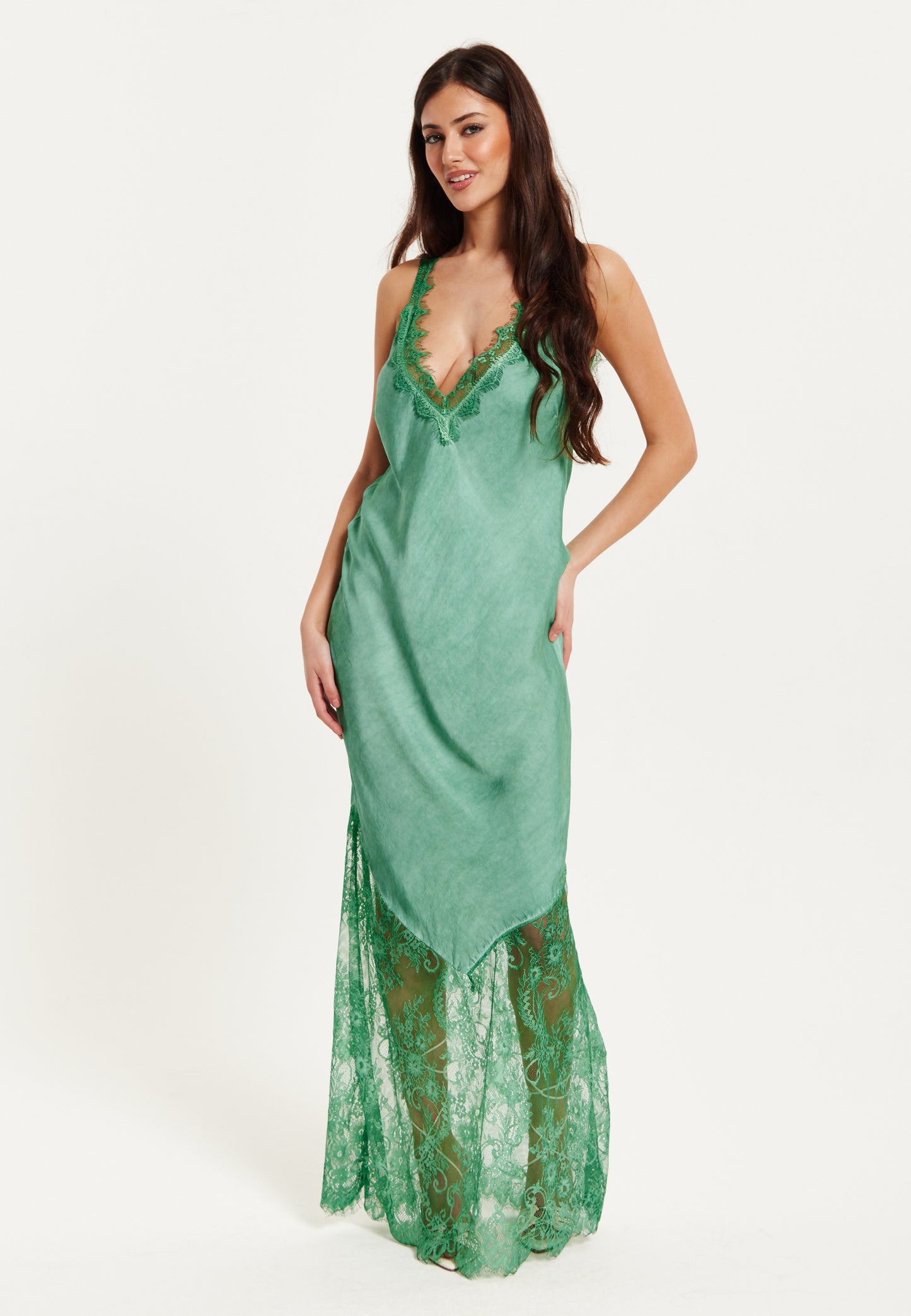 
                  
                    Liquorish Lace Detailed V-Neck Maxi Dress In Dark Green
                  
                