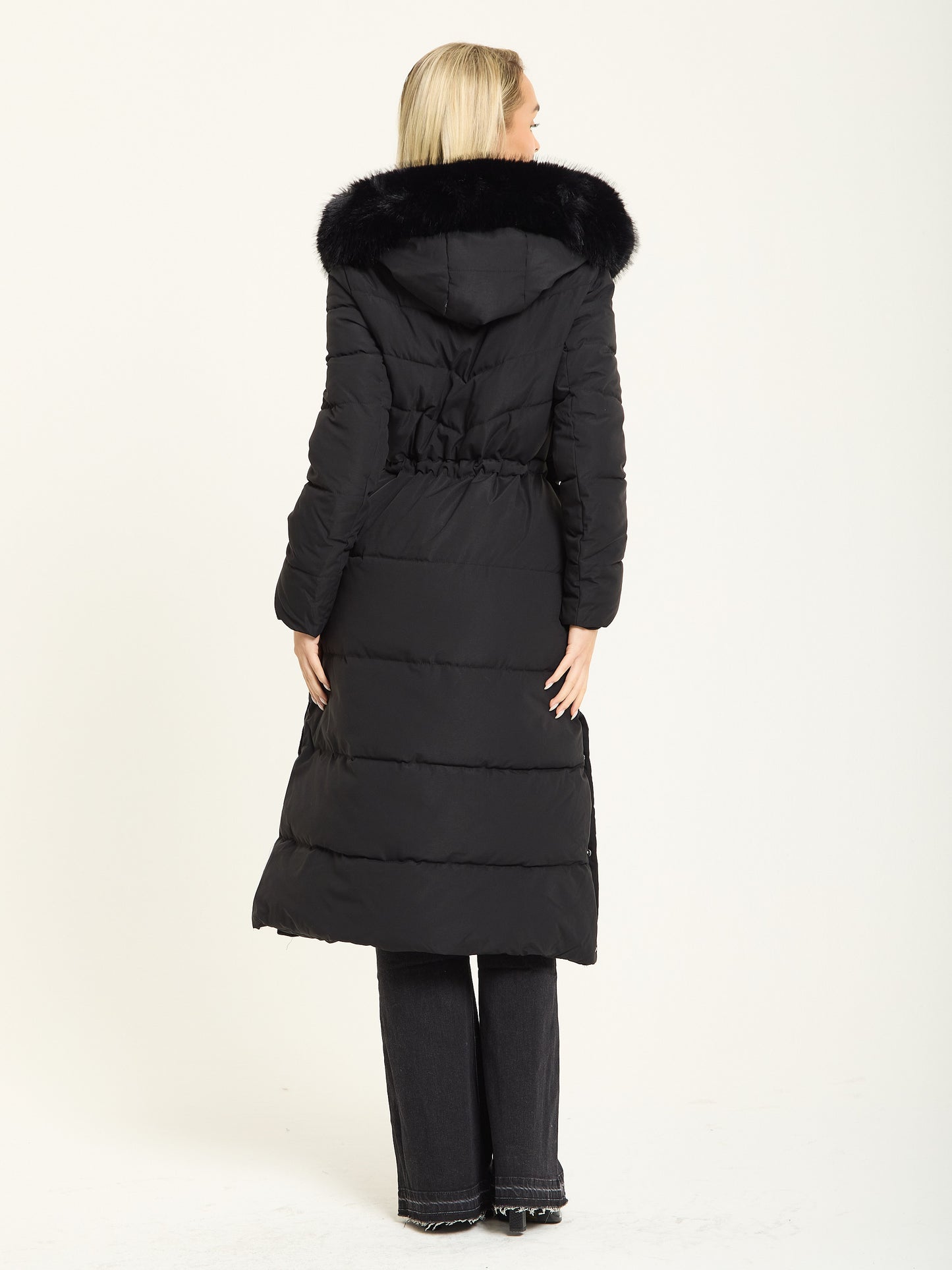
                  
                    Black Long Padded Coat with Faux Fur Hood
                  
                