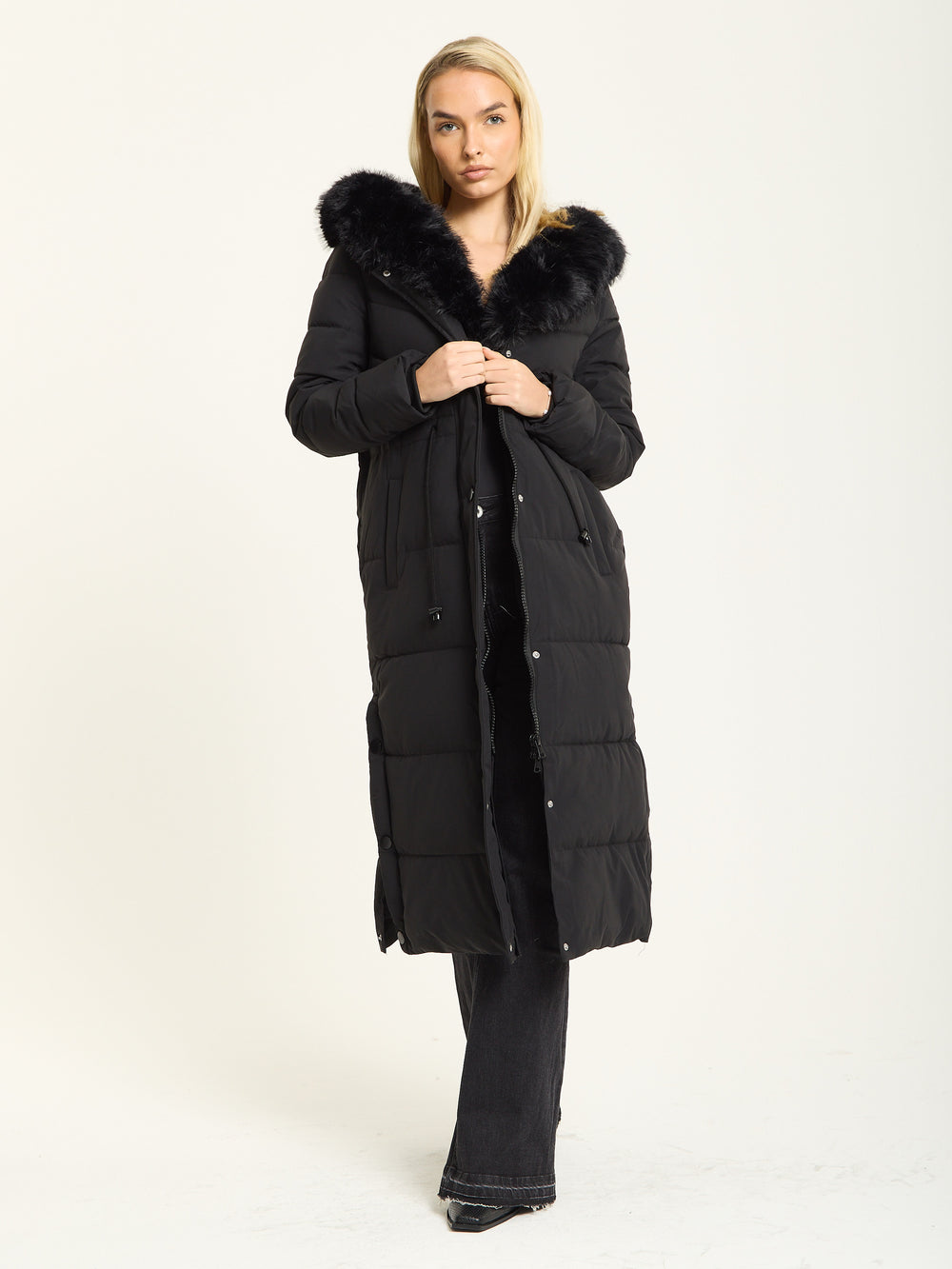 Black Long Padded Coat with Faux Fur Hood